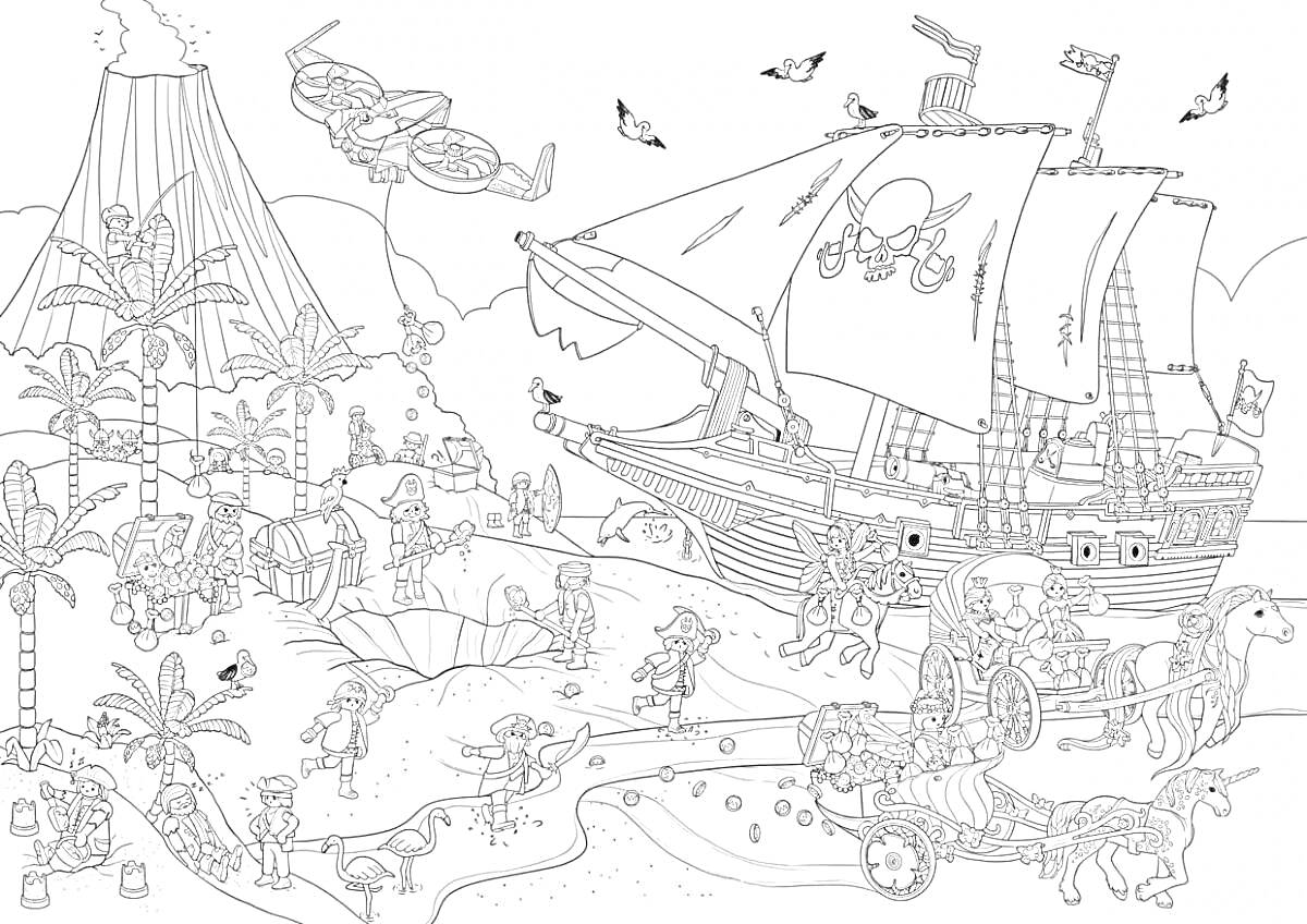 На раскраске изображено: Затонувший корабль, Вулкан, Остров, Пираты, Пальмы, Сундуки, Фрукты, Звери, Оружие