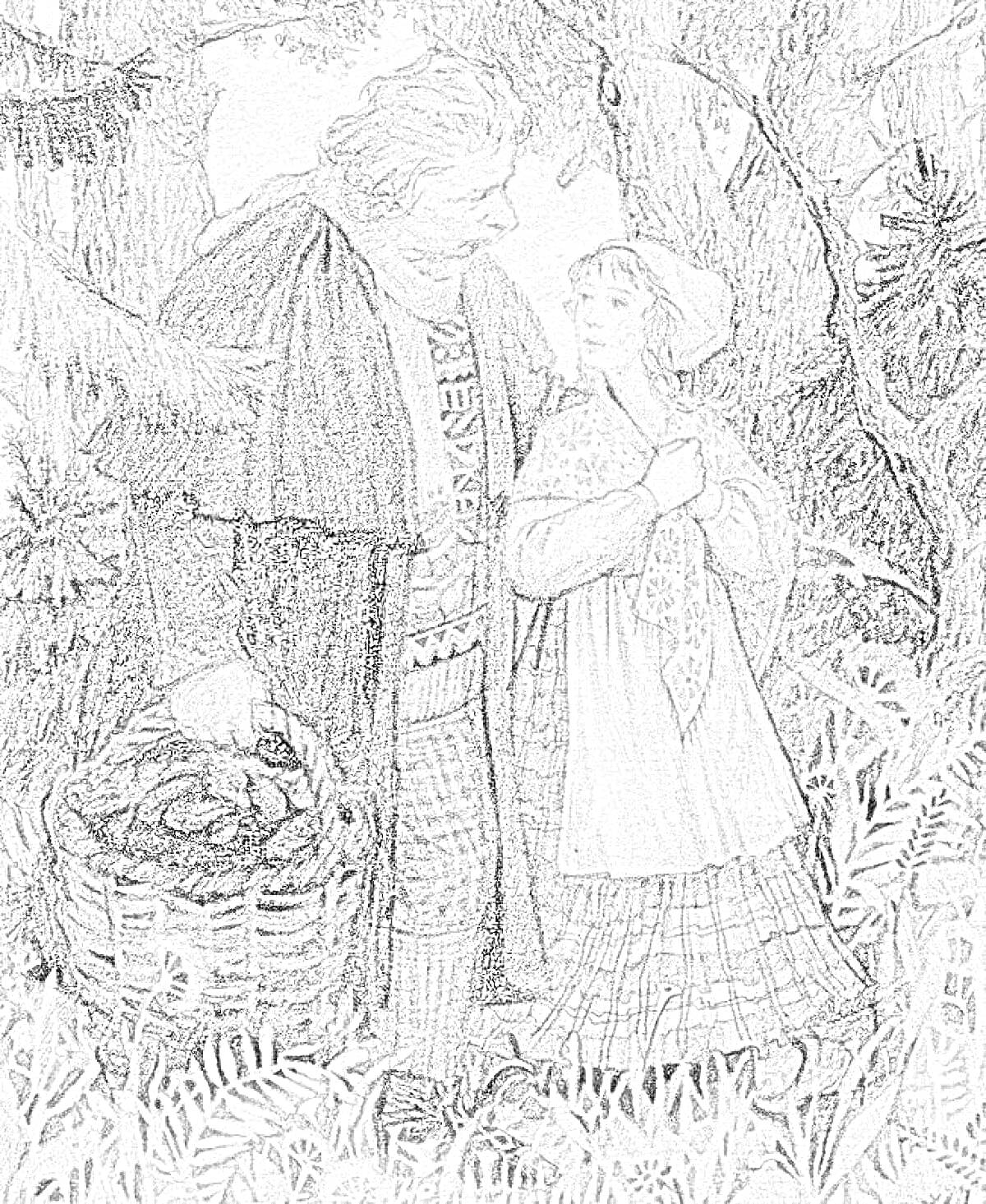 Раскраска Пожилой человек с корзиной, полной еловых шишек, и девушка в лесу