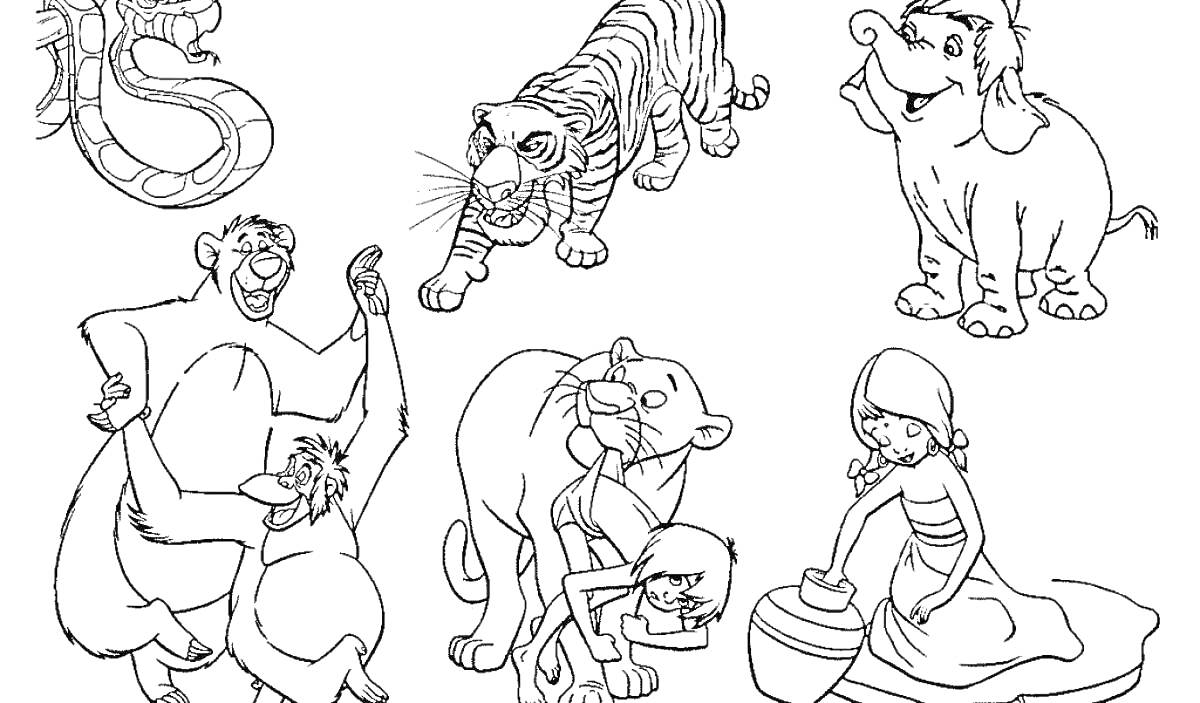 На раскраске изображено: Книга джунглей, Тигр, Слон, Обезьяны, Медведь, Лев, Мальчик, Девочка, Лягушки