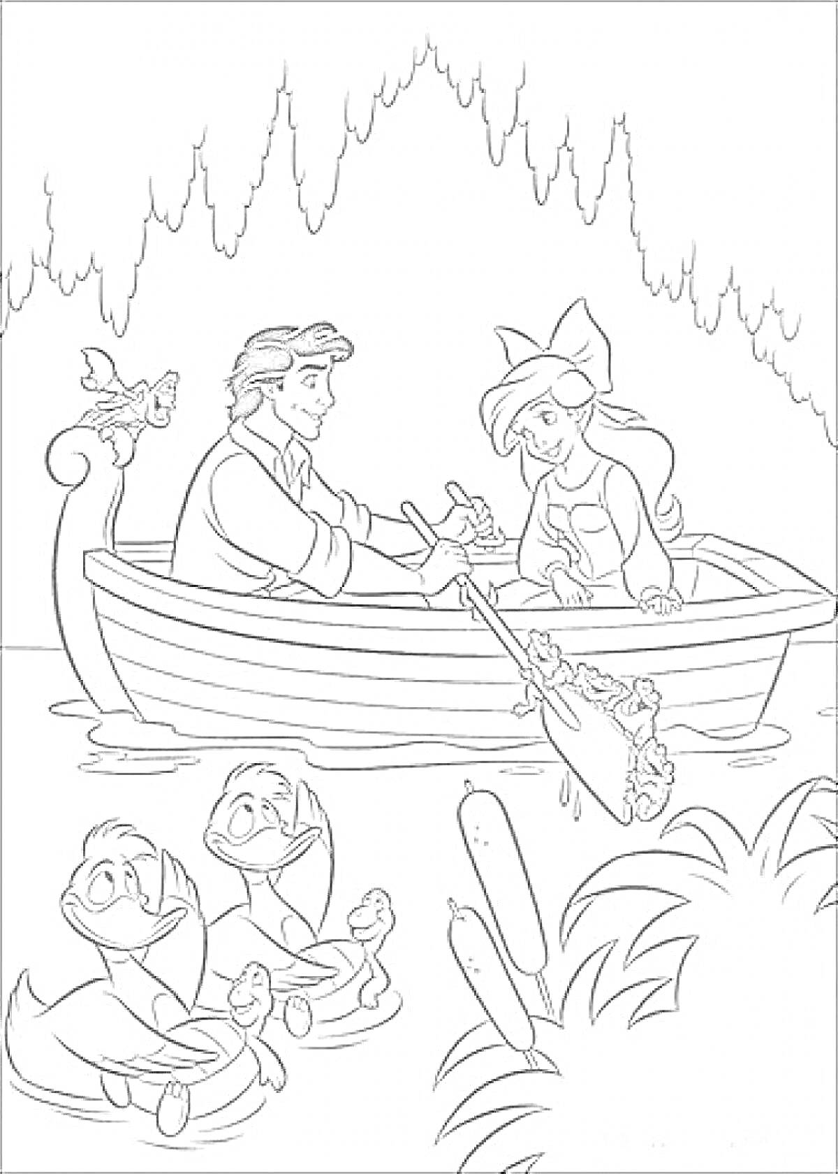 На раскраске изображено: Ариэль, Лодка, Молодой человек, Озеро, Камыши, Кувшинки, Природа