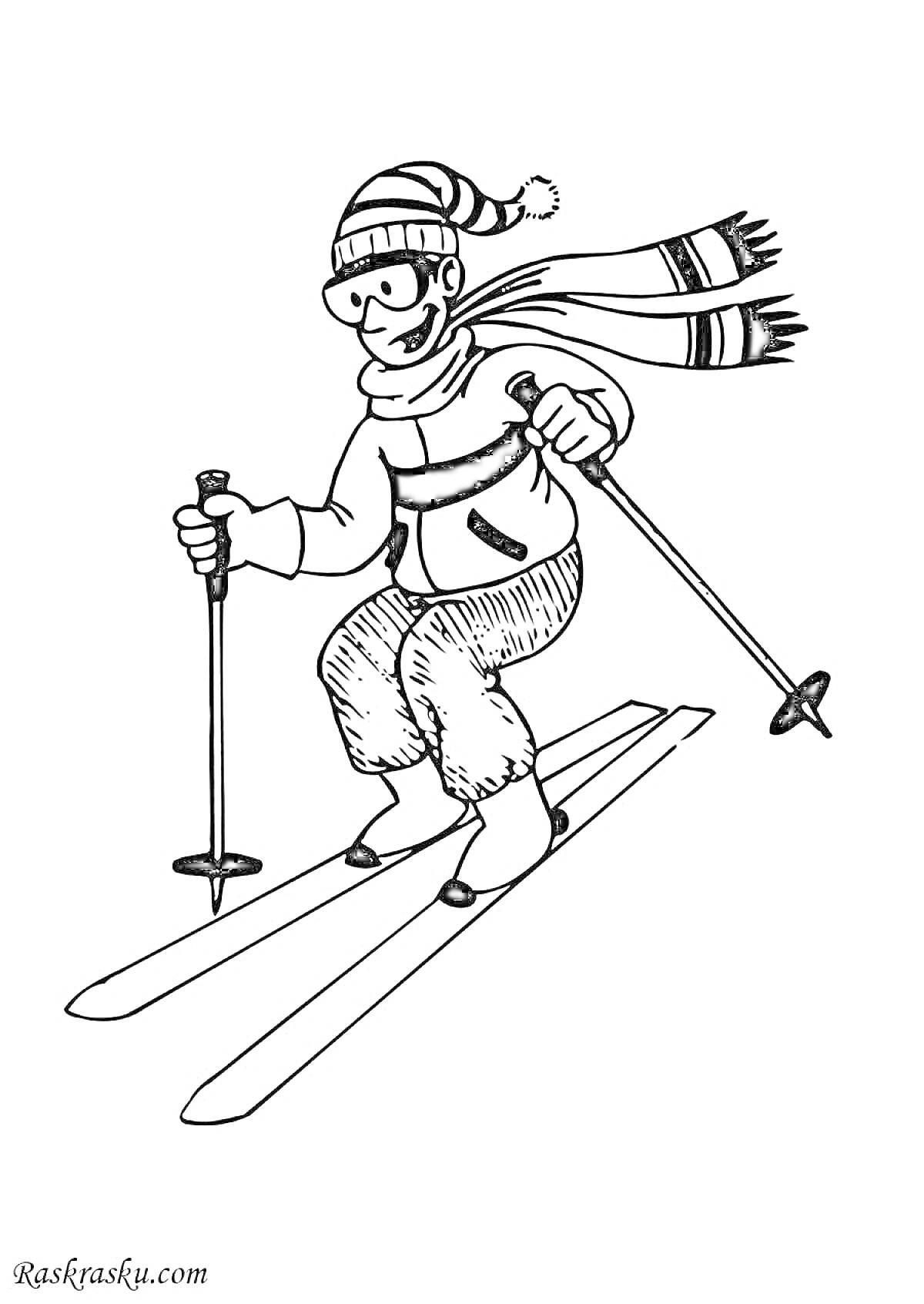 На раскраске изображено: Лыжник, Зима, Лыжи, Шапка, Шарф, Спорт, Снег, Горы, Палки, Активность