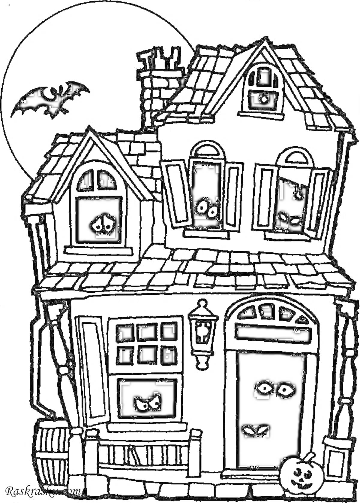 Раскраска Дом с привидениями, летающая летучая мышь, полная луна, тыква на крыльце, светящиеся глаза в окнах и двери, кривой дом с верандой и дымоходом