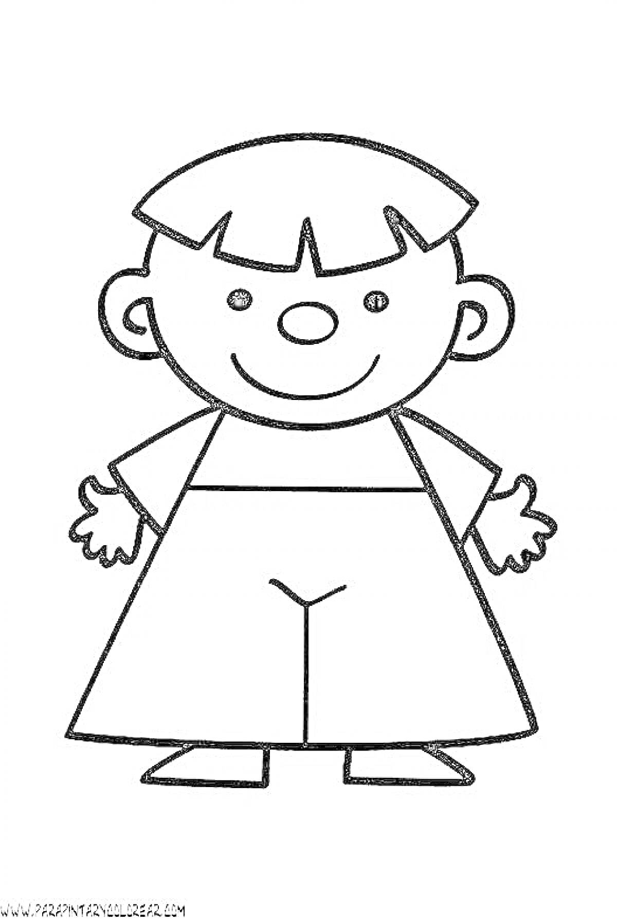 Раскраска Человечек с круглыми ушами и короткими волосами, в расписном платье