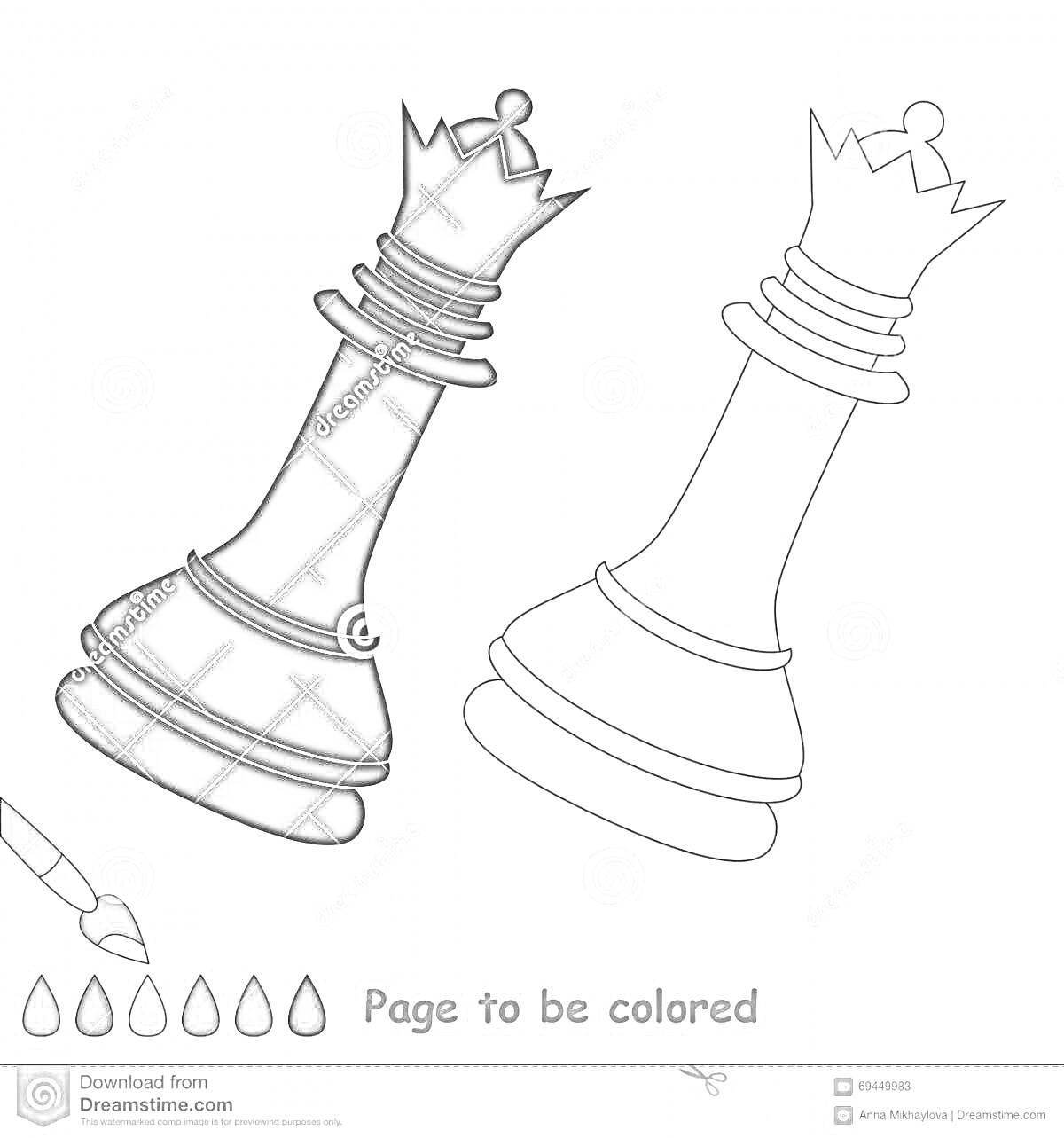 Раскраска раскраска шахматы ферзь, два ферзя, черный ферзь, белый контур, кисточка, капли краски