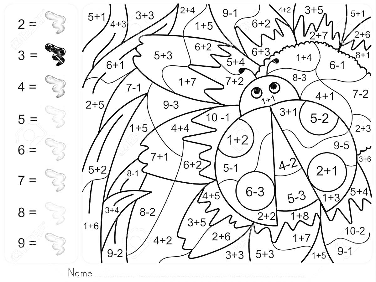 Раскраска Разукрашка по математическим примерам до 10 с изображением божьей коровки и листьев
