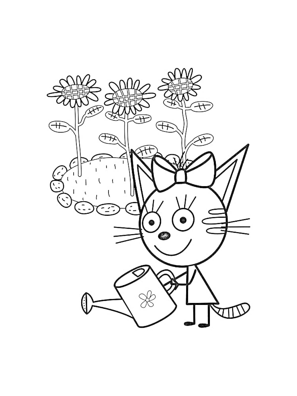 Раскраска Котёнок с лейкой, поливающий цветы