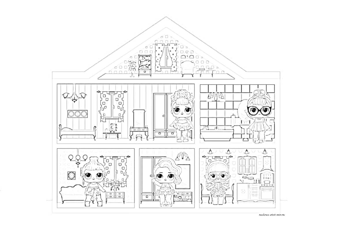 На раскраске изображено: Кукольный домик, Мебель, Диван, Кресло, Стол, Шторы, Часы, Шкаф, Интерьер, Игрушки
