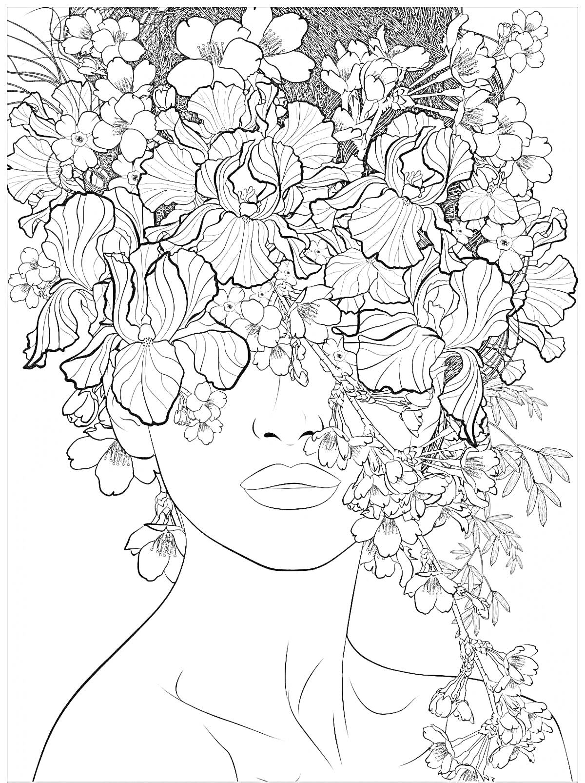 Раскраска Портрет с цветами, закрывающими лицо