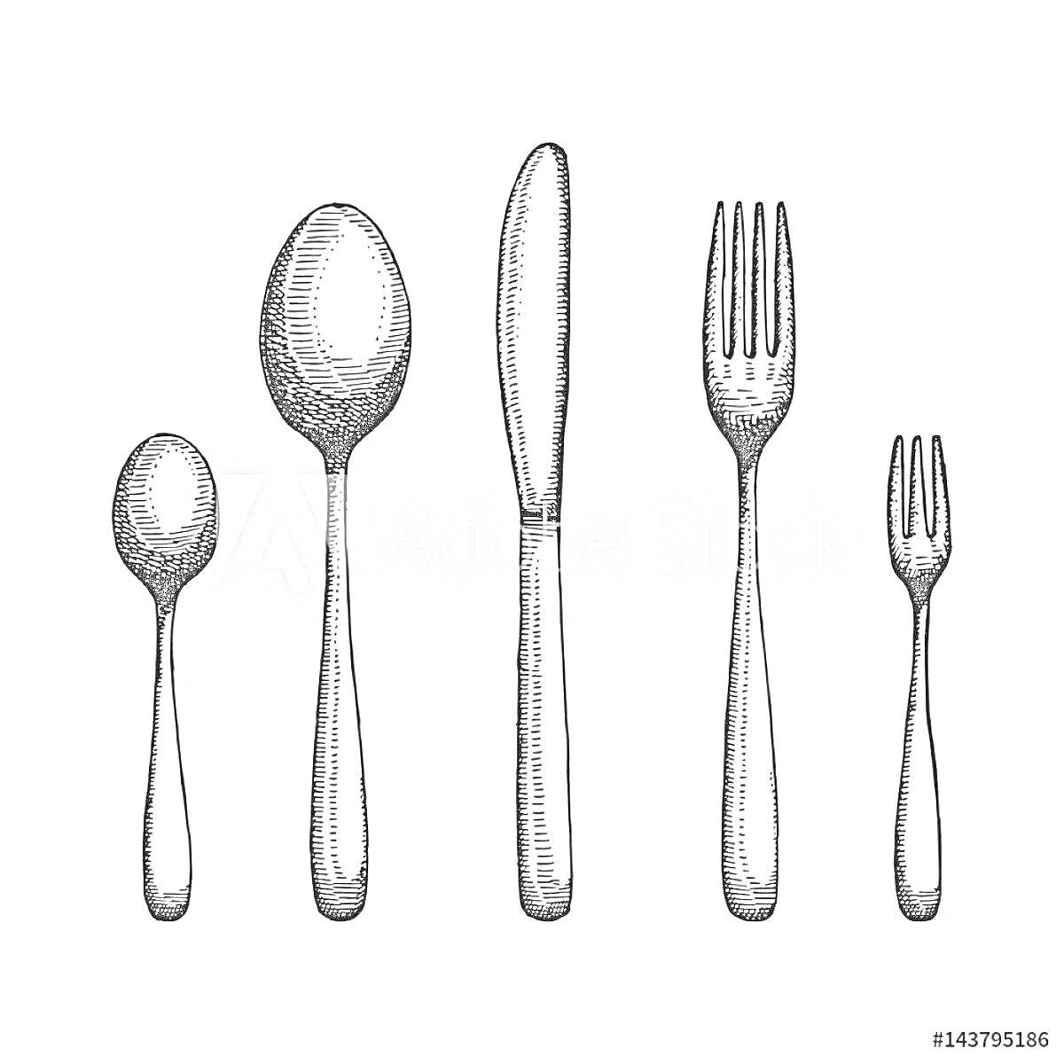 На раскраске изображено: Столовые приборы, Ложка, Нож, Вилка, Для детей, Кухонные принадлежности