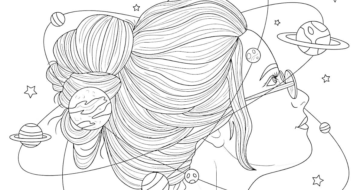 Раскраска Девушка с очками и планетами в прическе