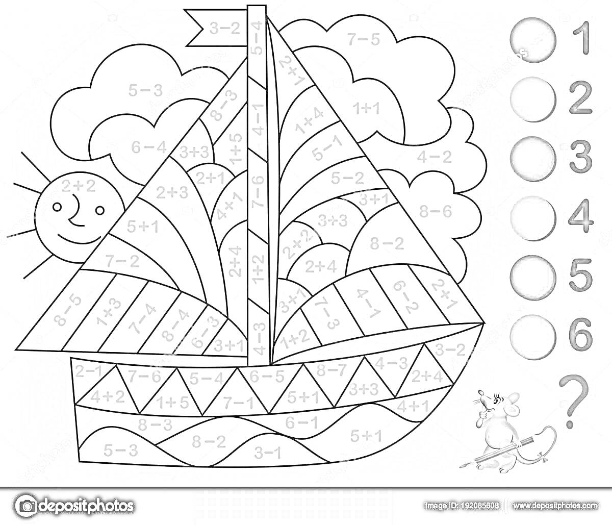 Раскраска Раскраска: парусный корабль с задачами на вычитание и сложение, солнце, облака и мышка