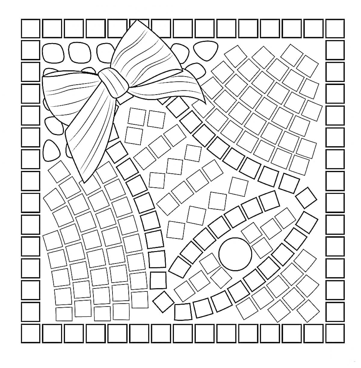 На раскраске изображено: Мозаика, Бант, Геометрия, Узоры, Квадраты, Прямоугольники, Круги