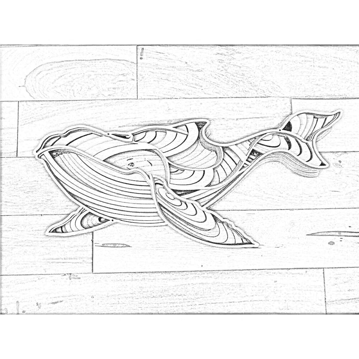 Раскраска Многослойное искусство из фанеры в виде кита на деревянном фоне