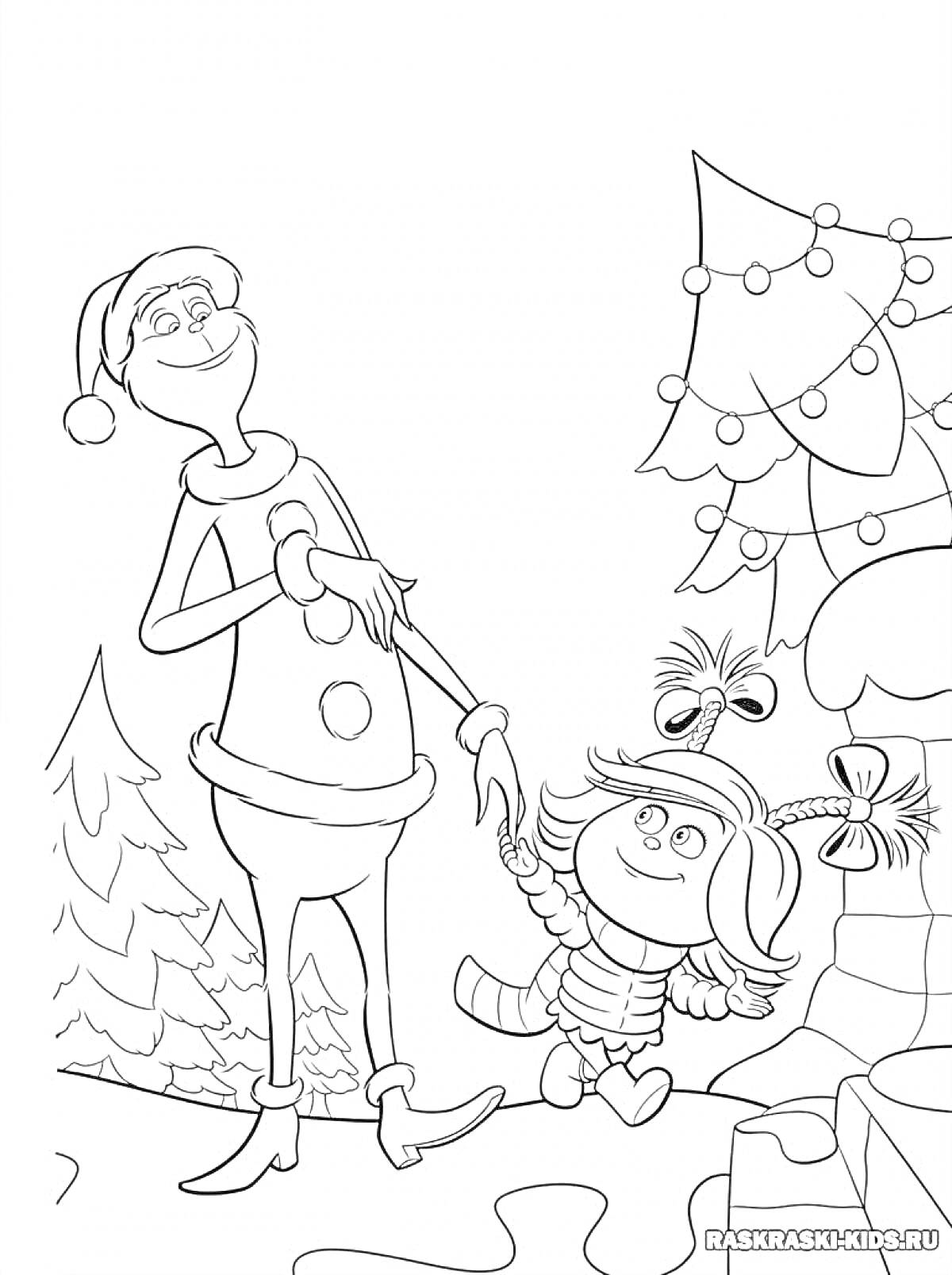 На раскраске изображено: Гринч, Девочка, Украшения, Снег, Зима, Новый год, Рождество