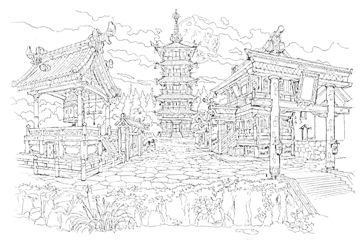 На раскраске изображено: Архитектура, Пагода, Храм, Мост, Каменная дорожка, Природа, Декоративные элементы, Исторические здания