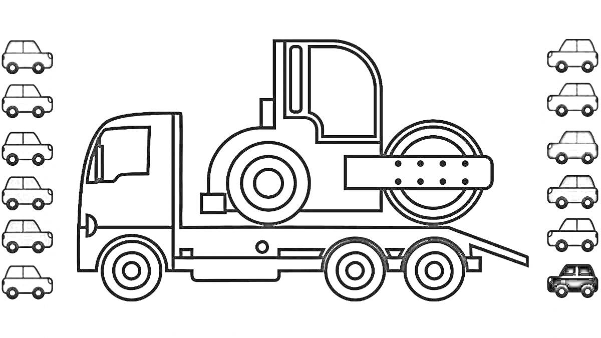 Раскраска Грузовик с паровым катком и маленькими машинками по бокам
