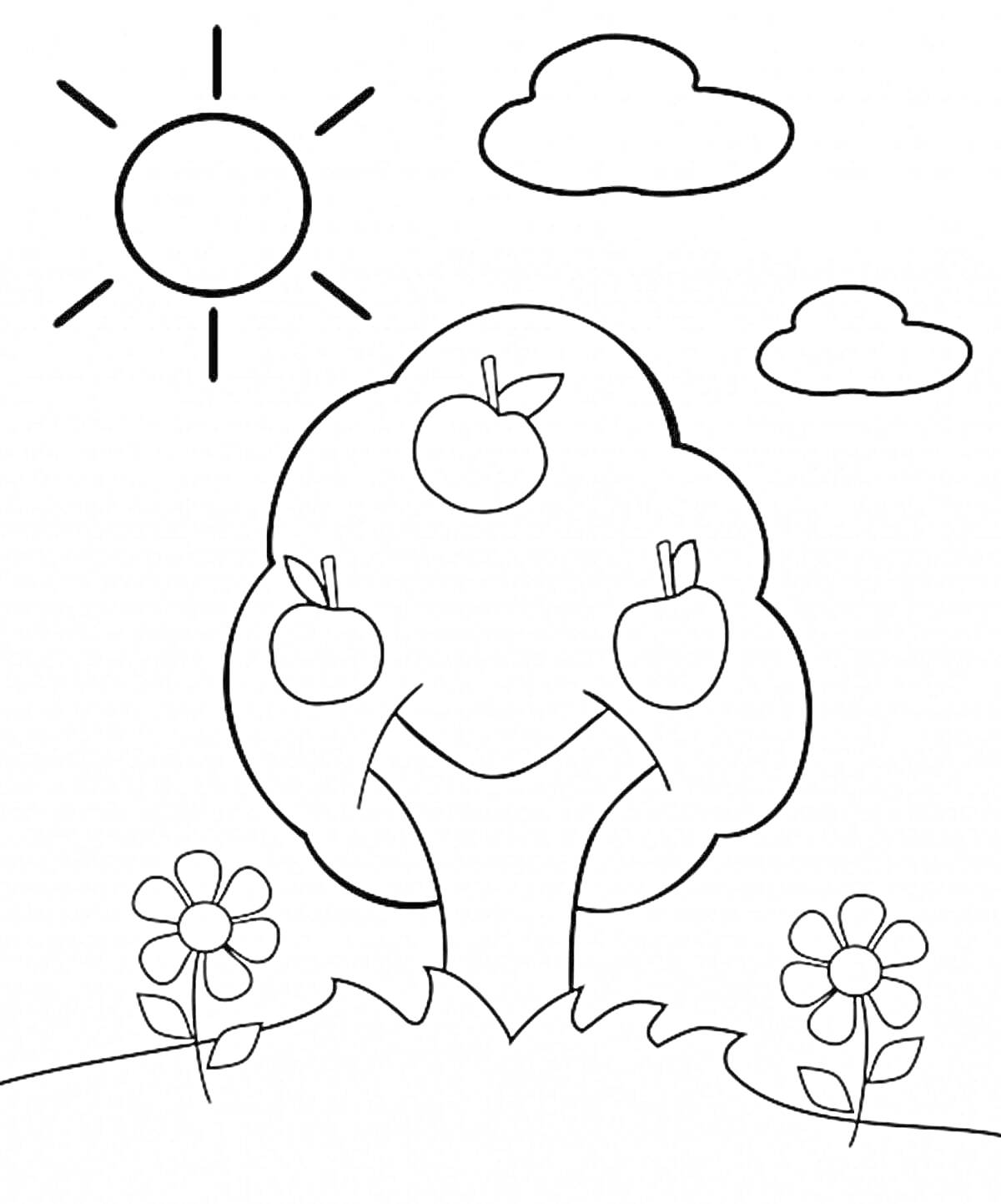На раскраске изображено: Солнце, Яблоня, Облака, Цветы, Трава, Природа, Деревья