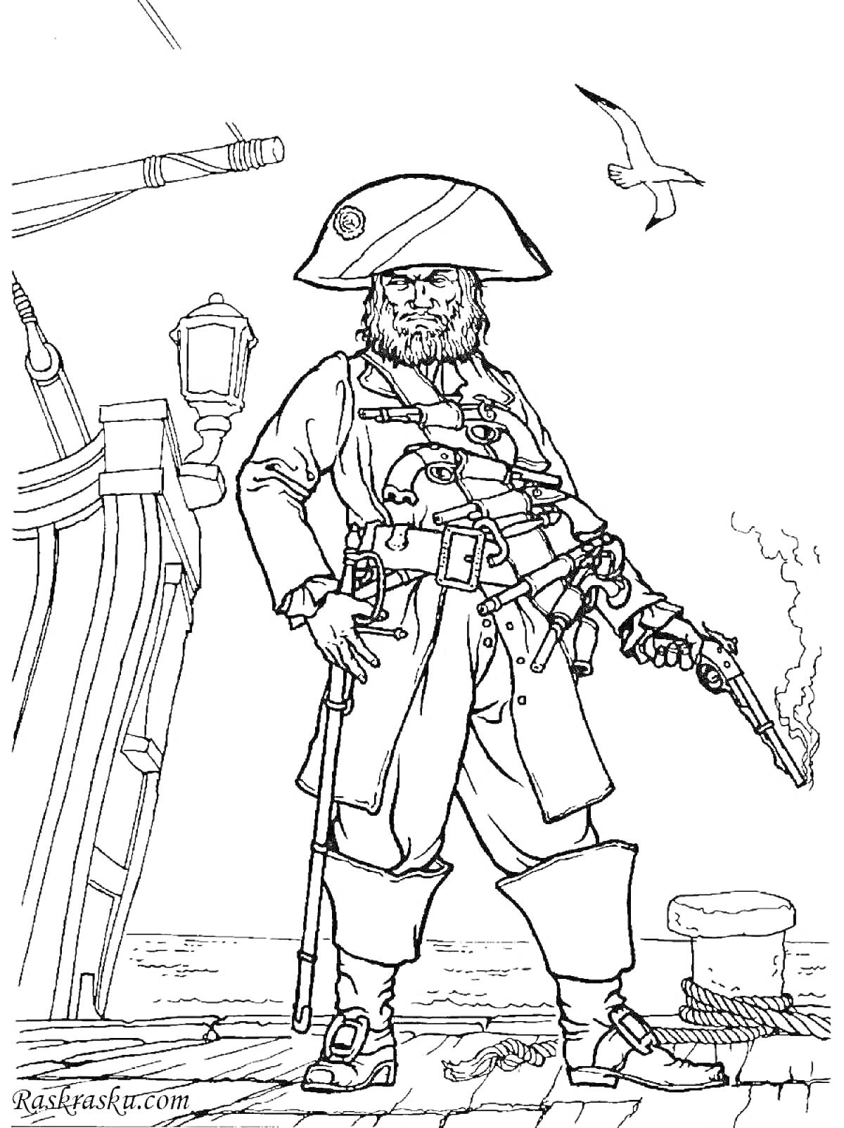 На раскраске изображено: Палуба, Корабль, Пистолет, Развевающаяся одежда, Разбойник, Море