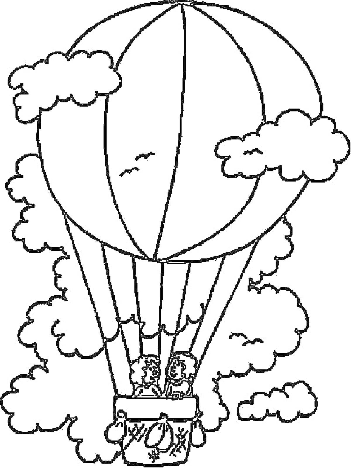 Раскраска Воздушный шар с людьми в корзине, окружённый облаками и птицей