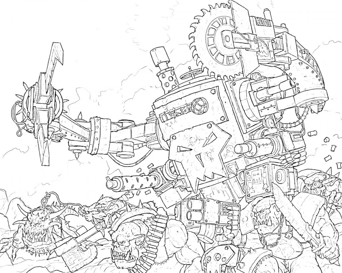 Раскраска Механический робот с пилой в окружении орков