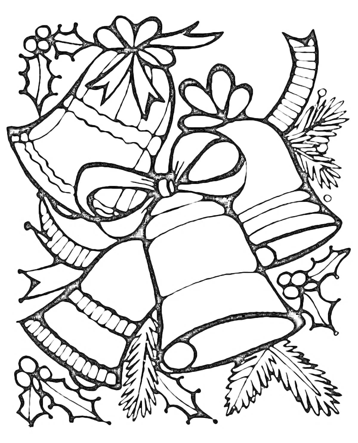 Раскраска Новогодние колокольчики с лентами, еловыми ветками, и листьями падуба