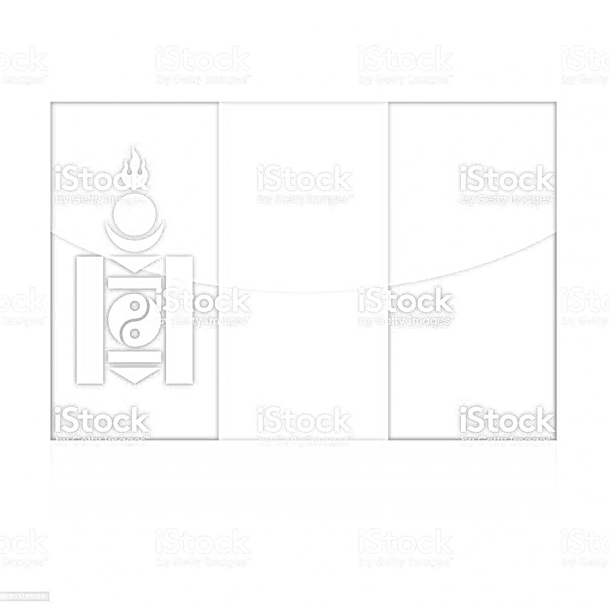 Раскраска Флаг Монголии с соёмбо (три равные вертикальные полосы, по порядку красная, синяя, красная, на красной полосе со стороны древка изображены желтые символы соёмбо)