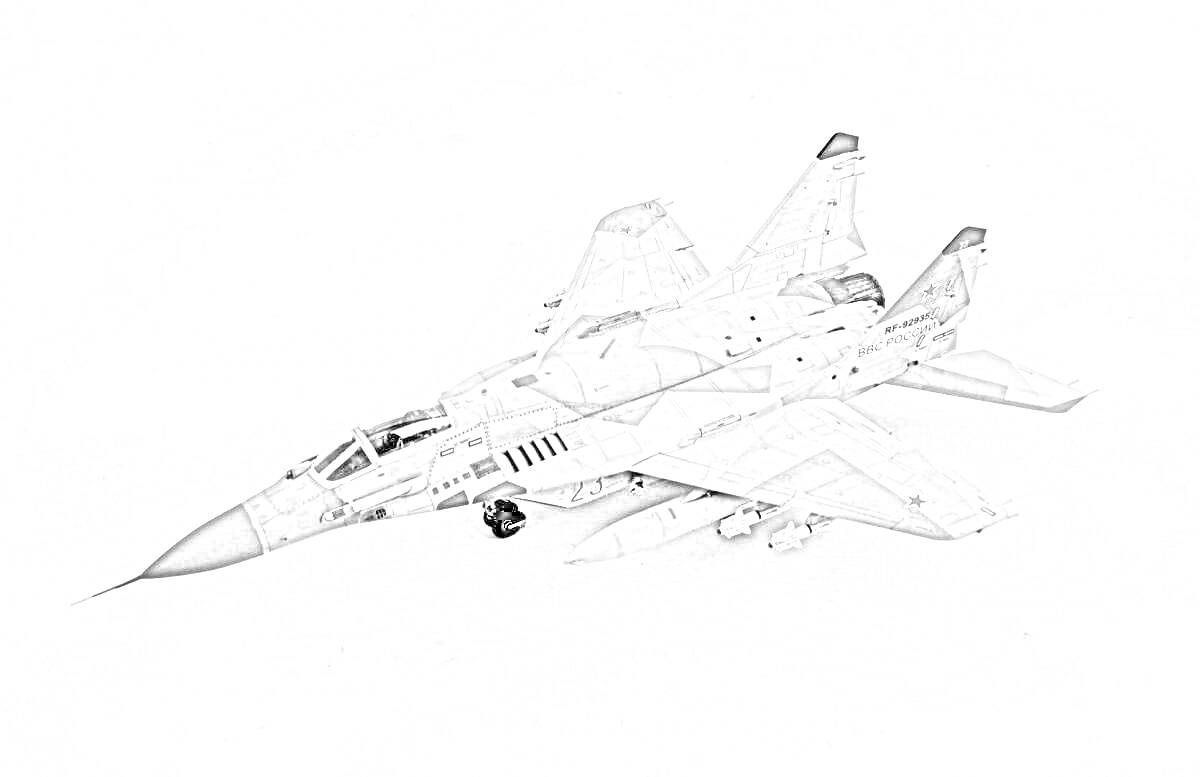 На раскраске изображено: МиГ-29, Истребитель, Авиация, Военная техника