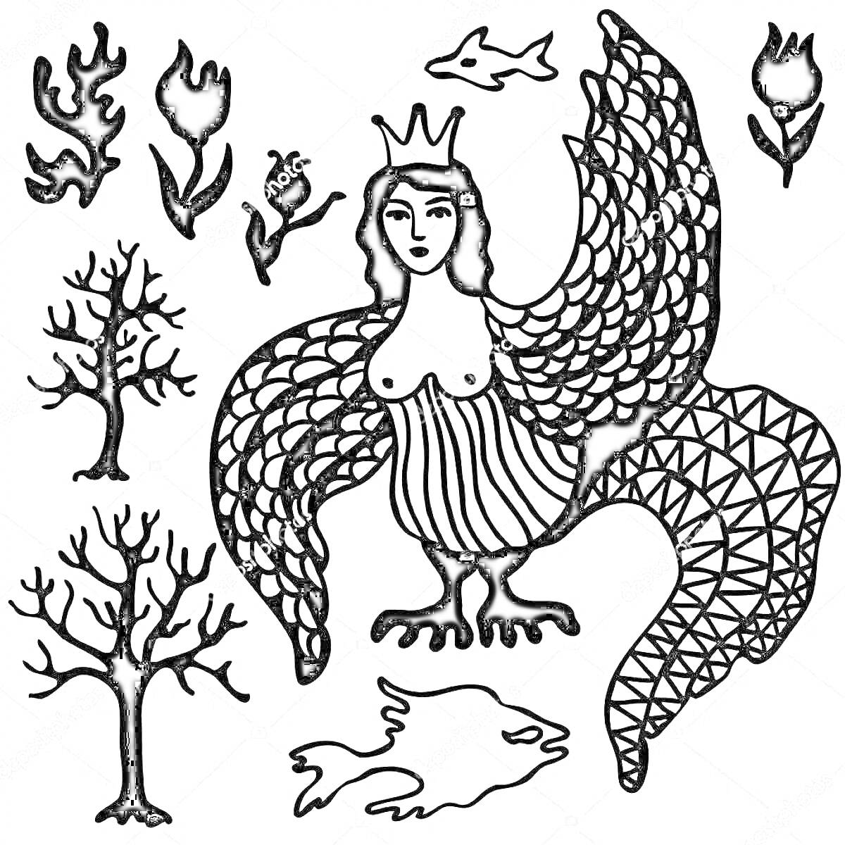 Раскраска Сирин птица с короной, рыбы, деревья, цветы