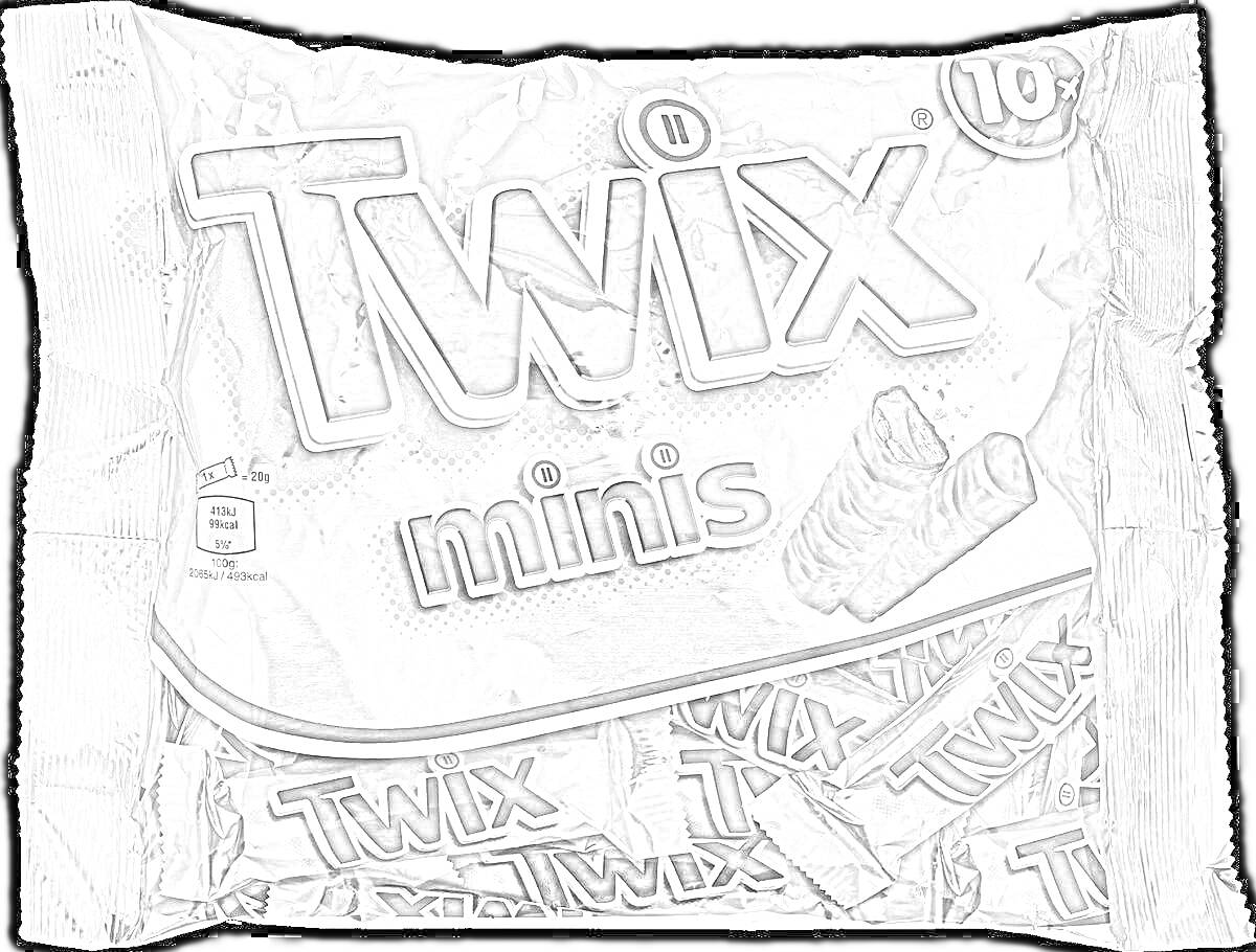 Раскраска Упаковка миниатюрных батончиков Twix, на переднем плане изображен логотип бренда Twix, под ним слово 