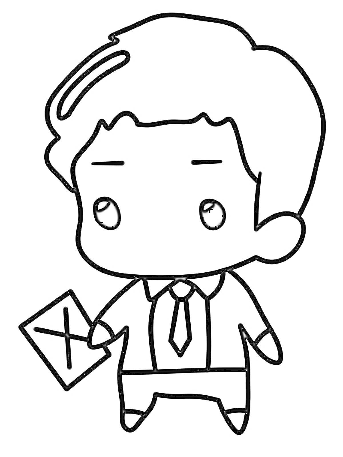 Раскраска Мужчина в галстуке с листом бумаги с крестом