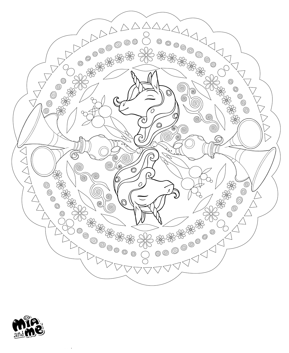 Раскраска Две лошади в центре круглого мандалы с цветами и узорами, логотип 