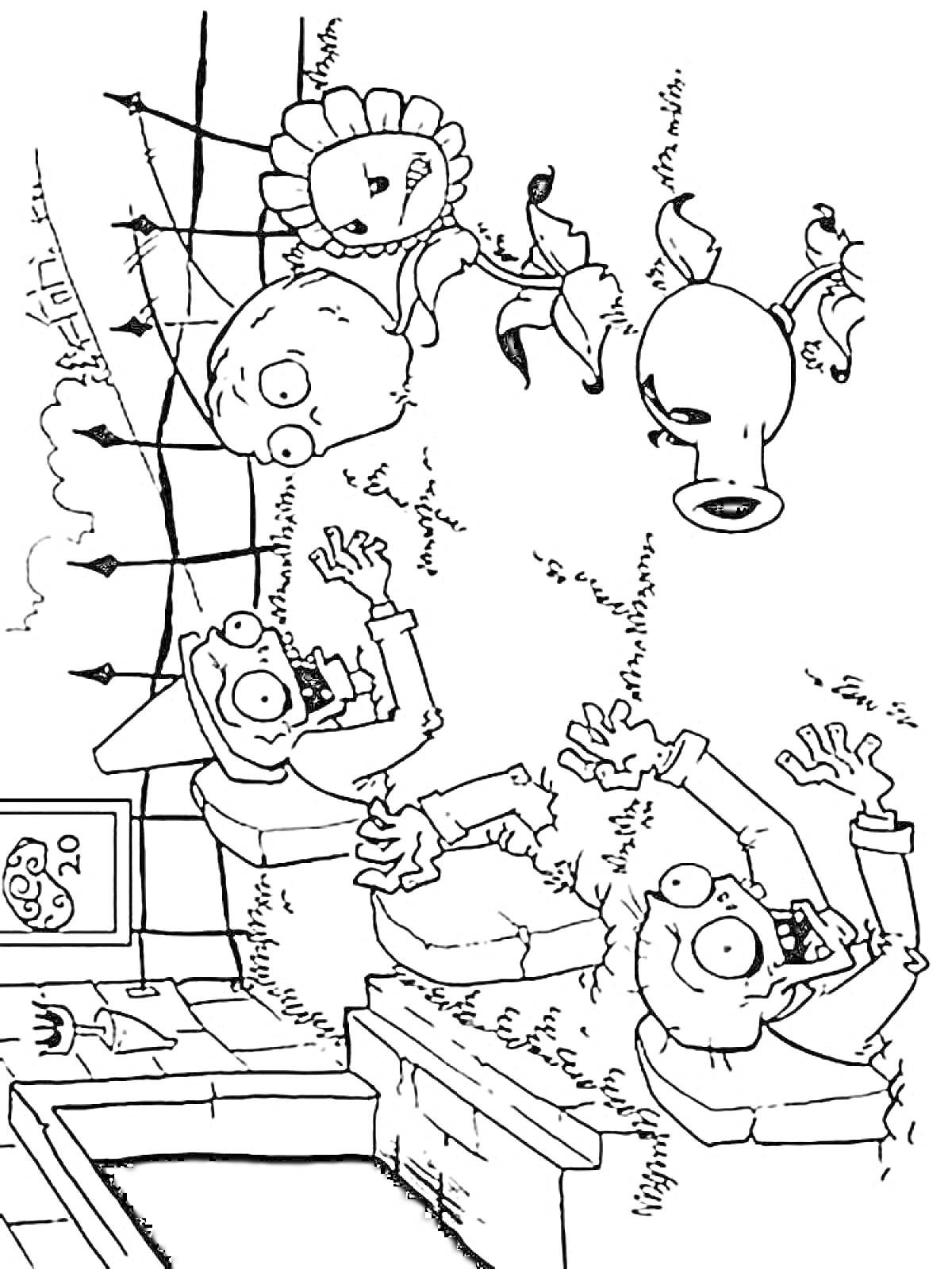 На раскраске изображено: Зомби, Растения, Бой, Крыша, Атака, Машины