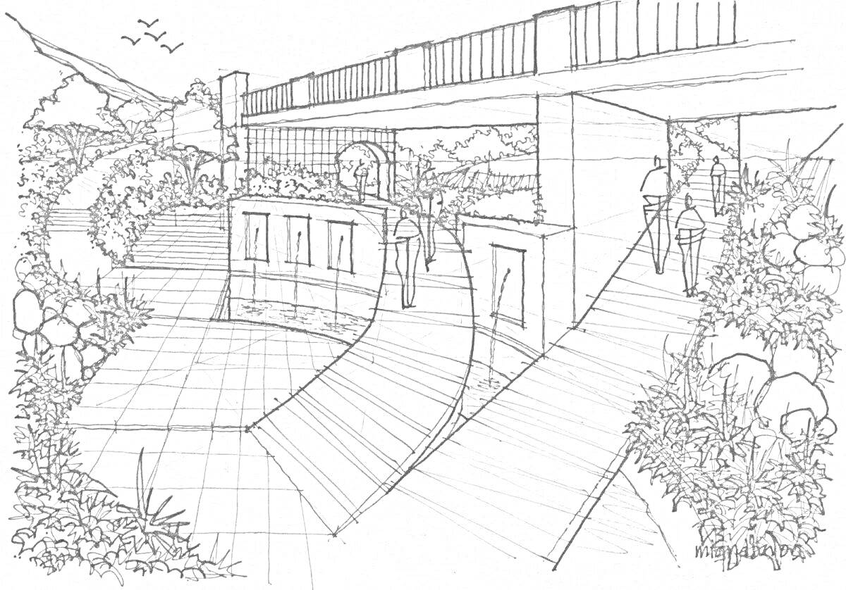 Раскраска Городской ландшафтный дизайн с мостом, дорожками и растительностью: мост, пешеходные дорожки, лестница, люди, кусты, деревья, освещение, камни, фонари.