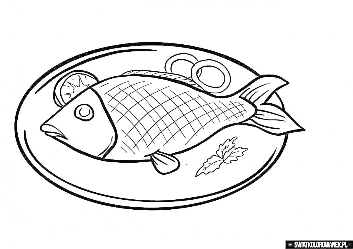 На раскраске изображено: Рыба, Тарелка, Лимон, Петрушка, Еда