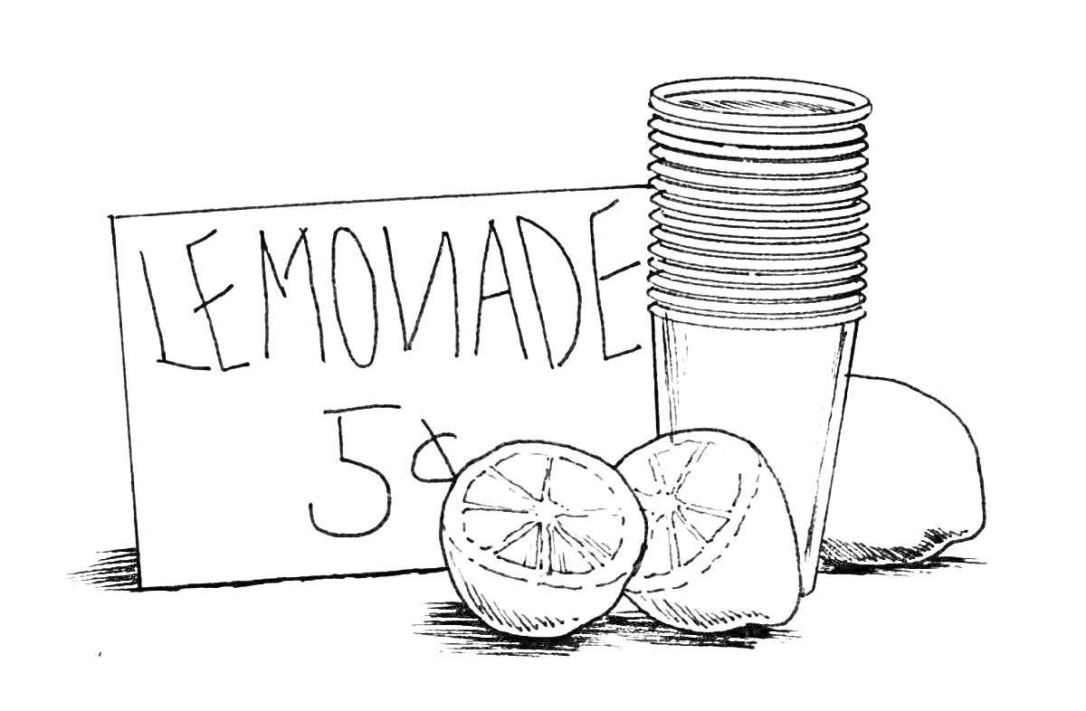 Раскраска Лимонад с ценой 5 центов, пластиковые стаканчики и лимоны
