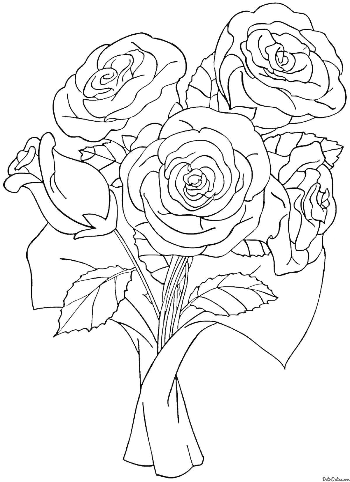 На раскраске изображено: Розы, Цветы, Листья, Букет цветов