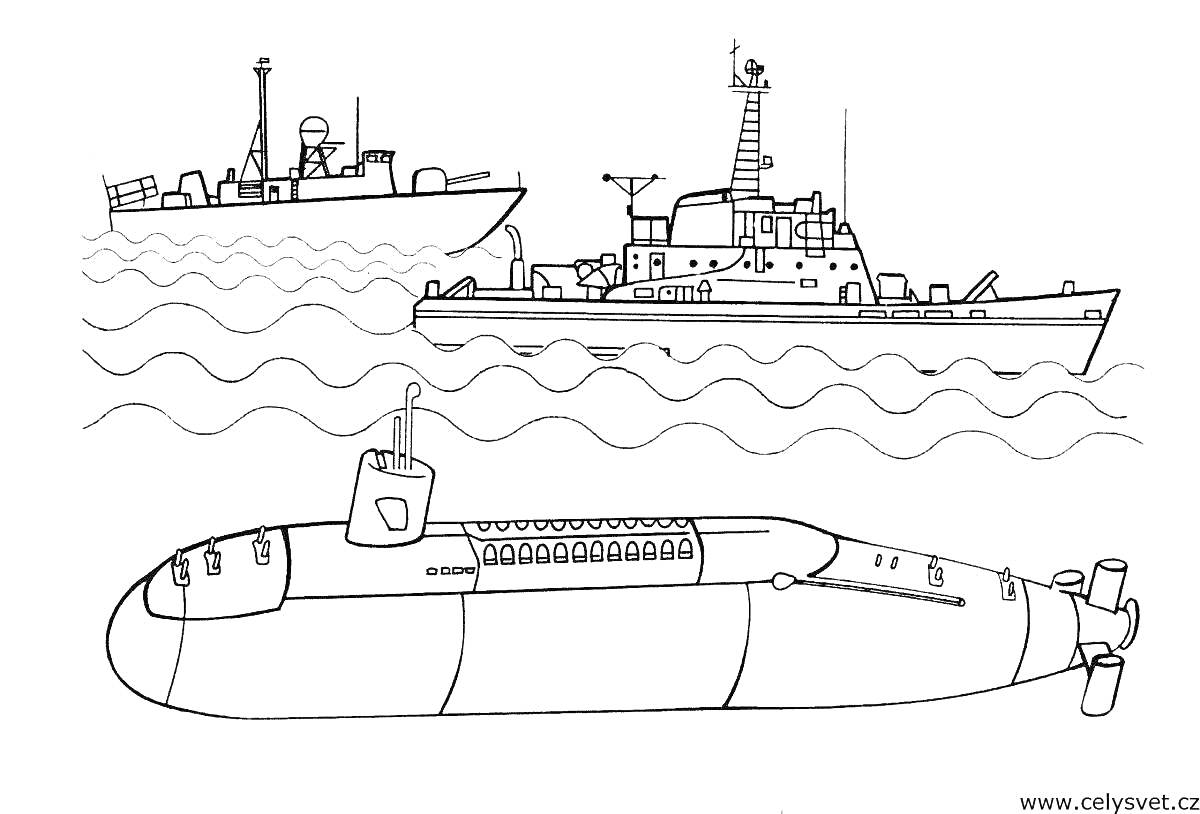 На раскраске изображено: Подводная лодка, Корабль, Волны, Море