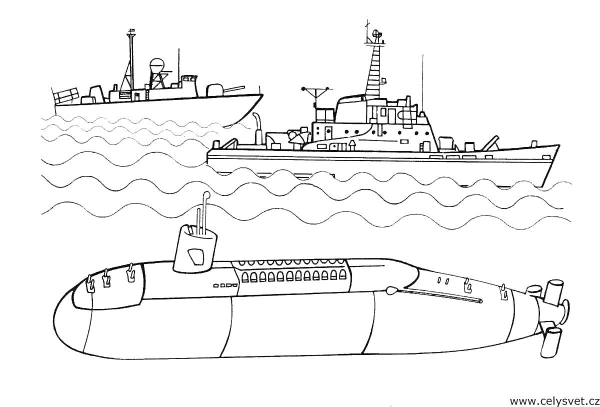 Раскраска Подводная лодка и два корабля на фоне волн