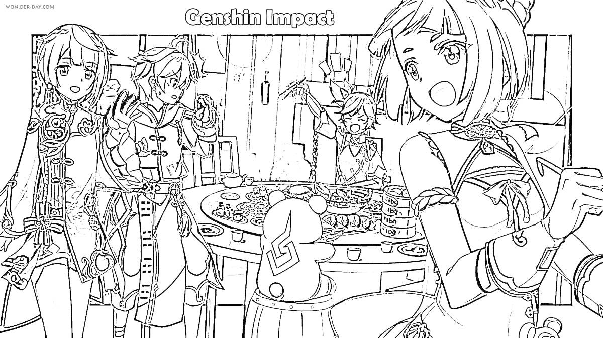 Раскраска Персонажи из Genshin Impact за праздничным столом, один из них держит лук, другой пьет из чашки, на столе еда.