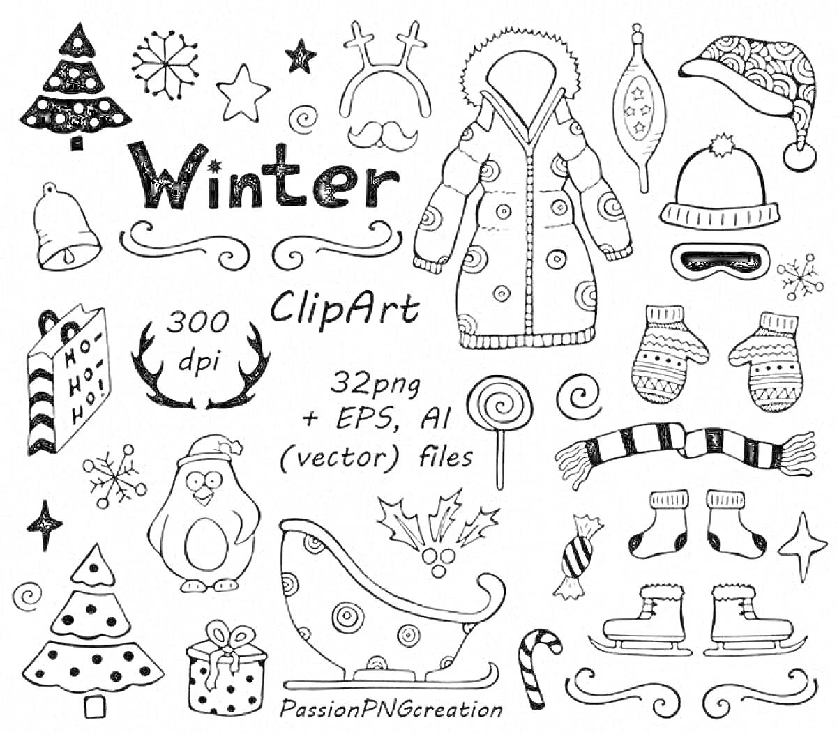 Раскраска Новогодние наклейки - зимняя одежда (куртка, шапки, варежки, шарф, носки), елка, рождественские конфеты, рождественский пакет, пингвин, коньки, санки, снежинки, леденцы, звезды, сердечки, снежинка