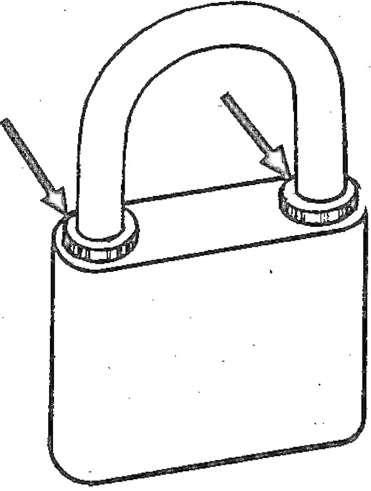Раскраска Замок с двумя стрелками, указывающими на место крепления дужки