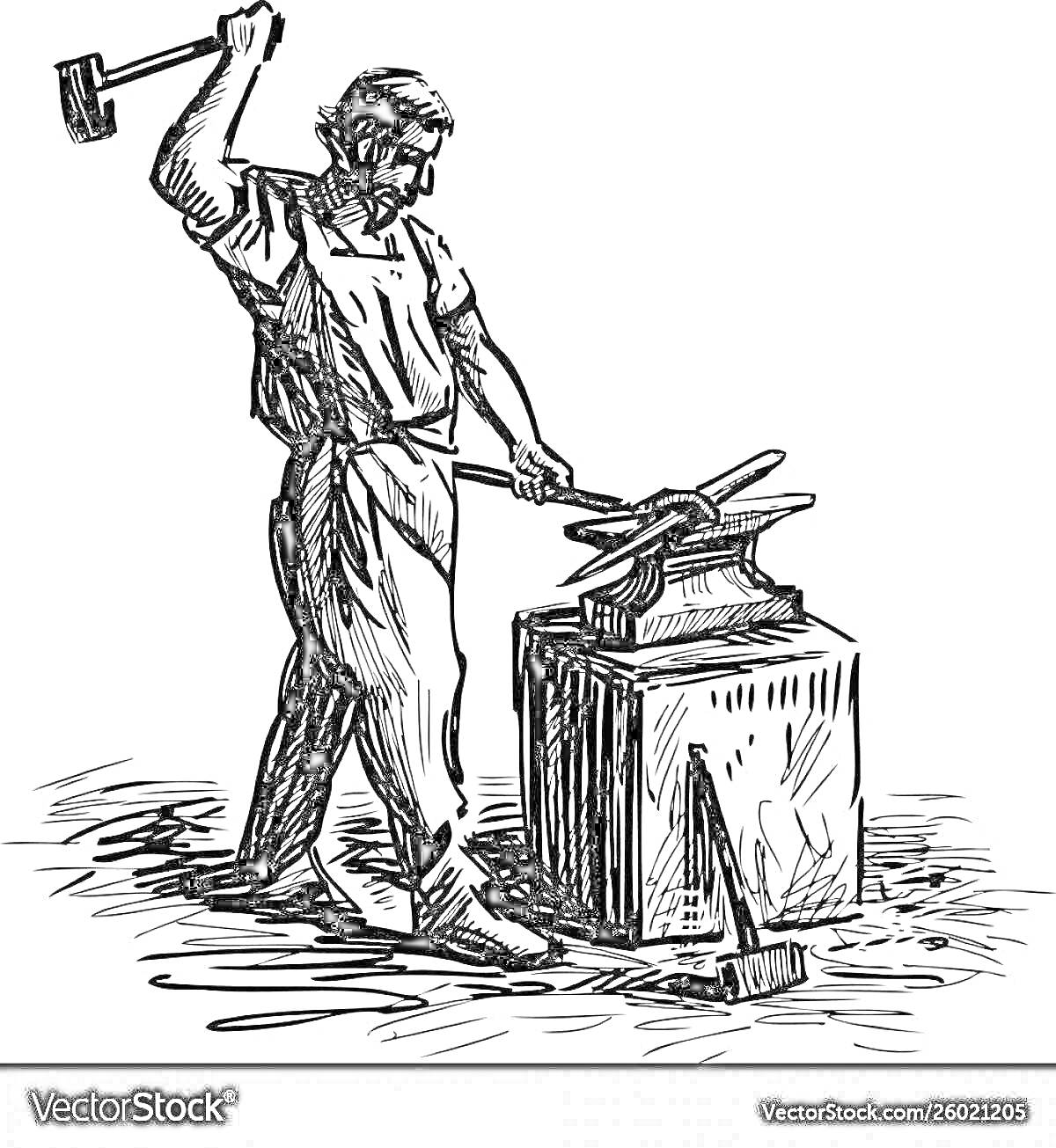 На раскраске изображено: Кузнец, Молот, Наковальня, Работа, Металл, Инструмент