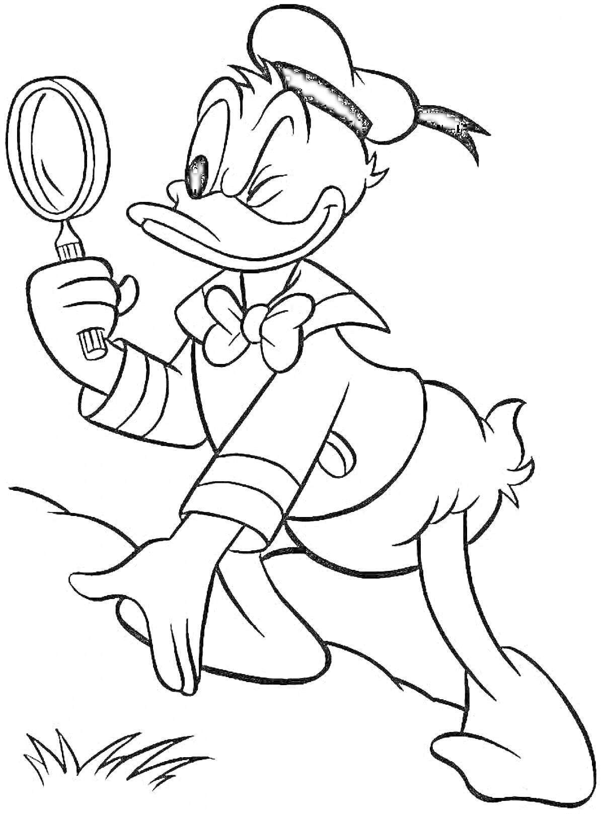 Раскраска Утка в костюме матроса с увеличительным стеклом