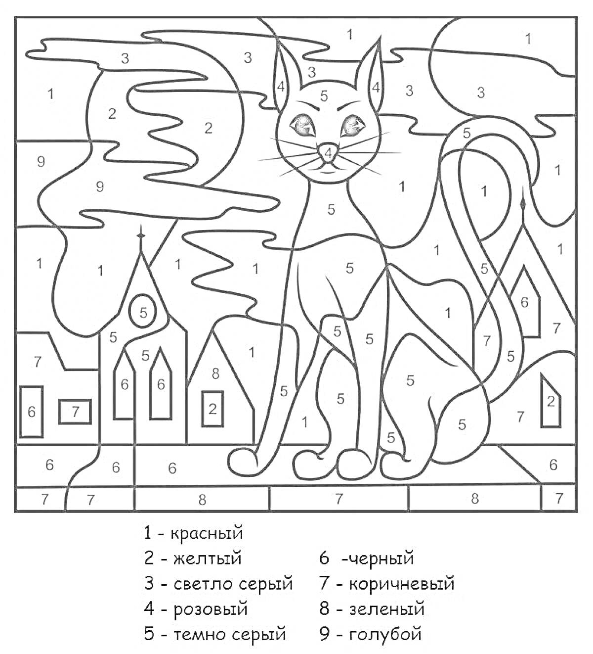 Раскраска Раскраска по номерам - ночной пейзаж с сидящей кошкой, зданиями и облаками