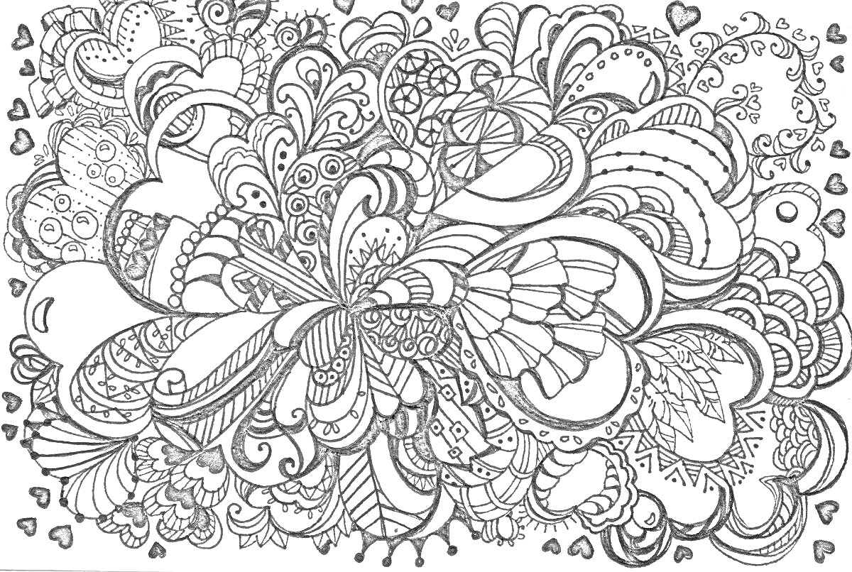 На раскраске изображено: Антистресс, Цветы, Листья, Узоры, Белый фон, Спираль, Сердца