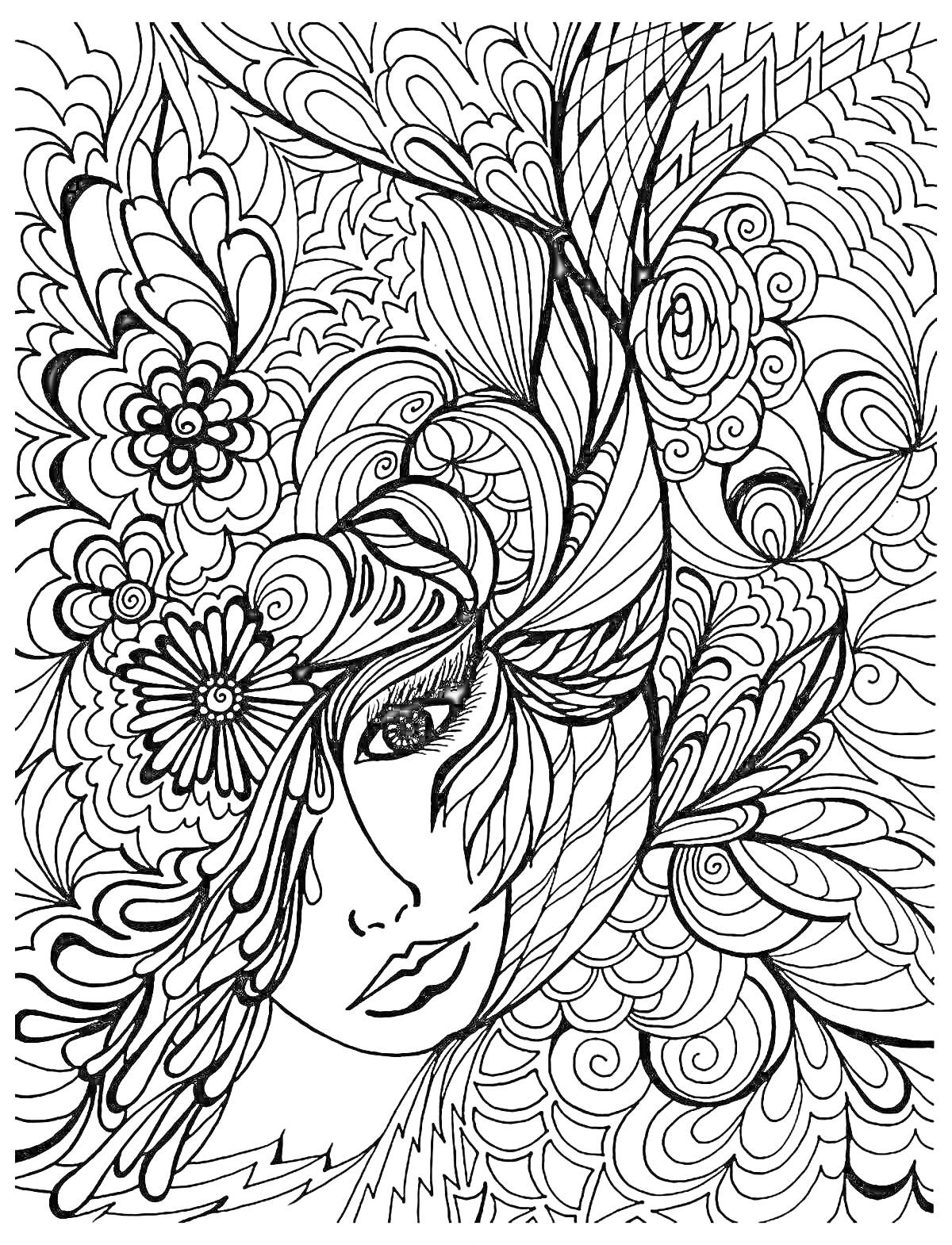 Раскраска Женский портрет среди цветов и листьев