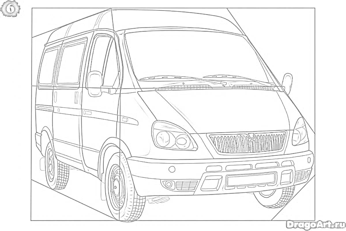 Раскраска Газель машина с четырьмя колёсами и прямоугольными окнами