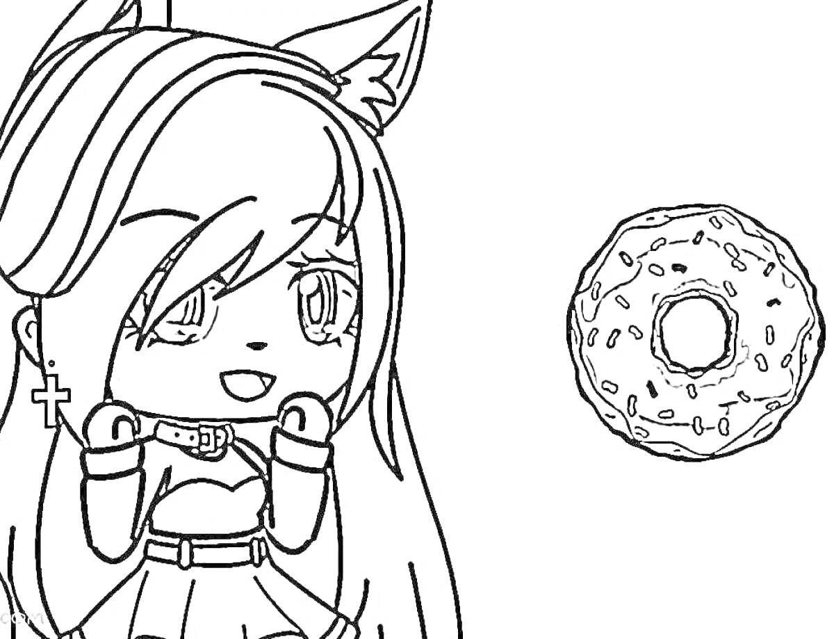 Раскраска Девочка из Gacha Life с кошачьими ушками и пончиком