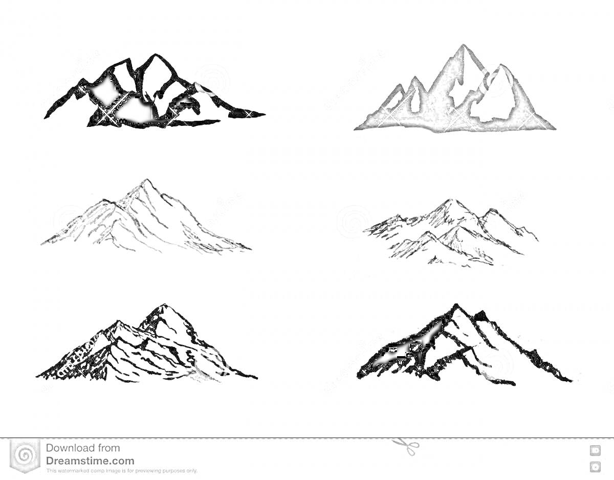 Раскраска Различные очертания горы Эльбрус с шестью различными силуэтами в черно-белых оттенках