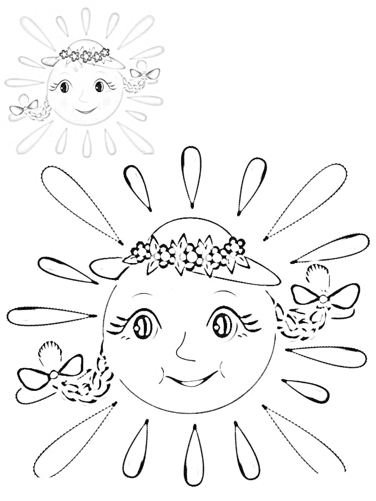 На раскраске изображено: Солнце, Цветы, Венок, Лицо, Косички, Лучи, Природа, Улыбка, Для детей, Бант